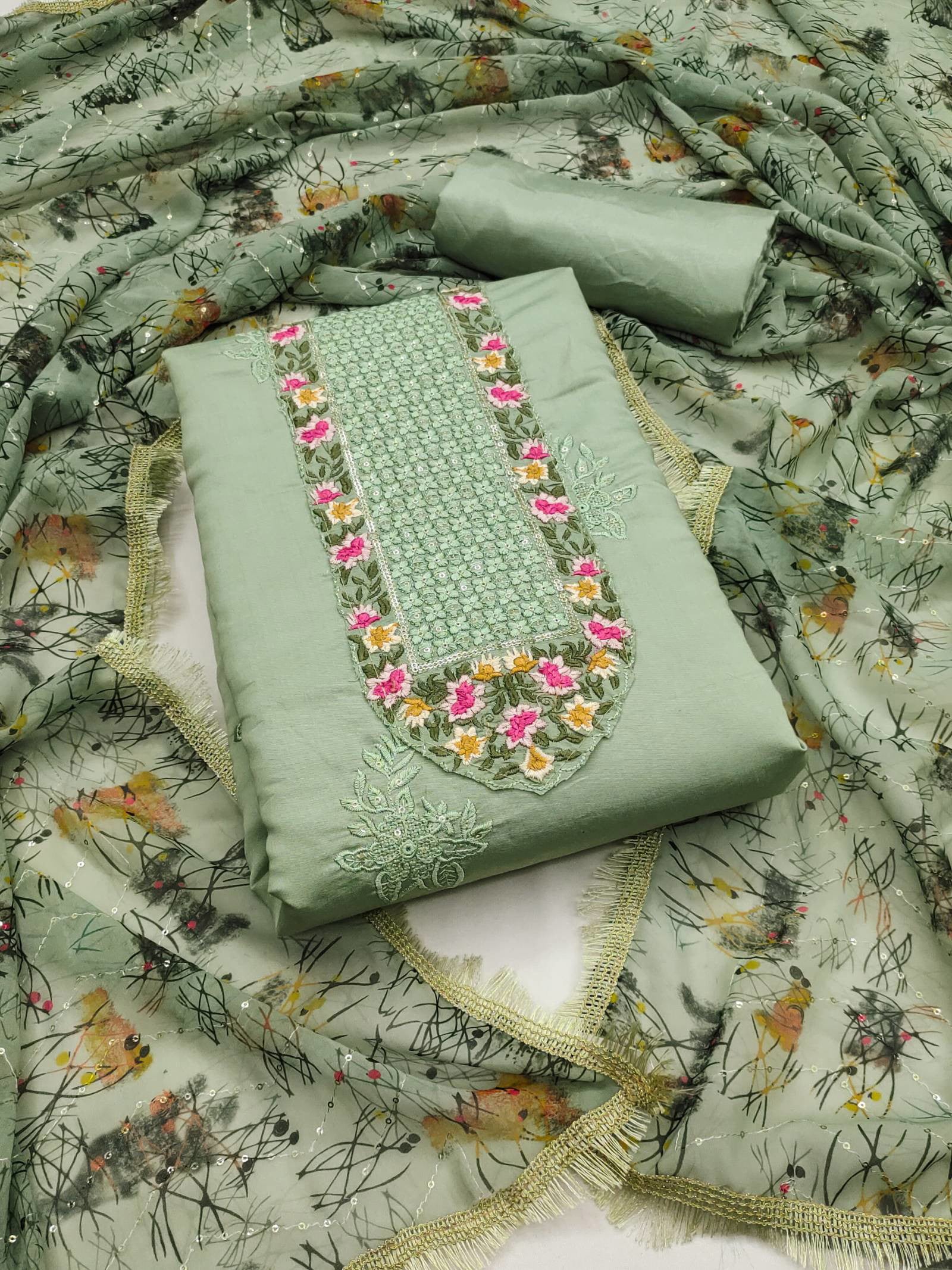 Embroidered Roman Cotton Silk Dress Material