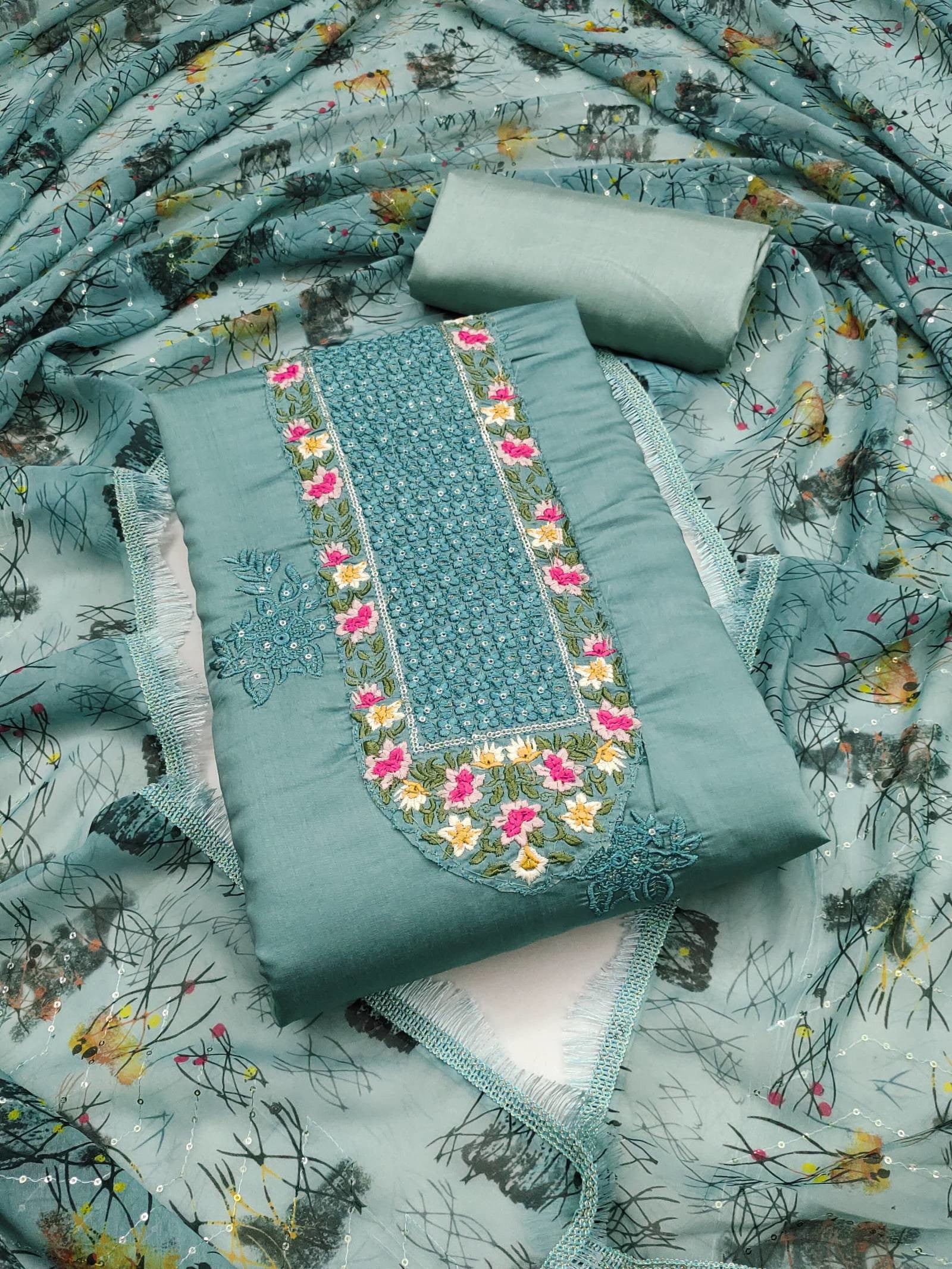 Embroidered Roman Cotton Silk Dress Material