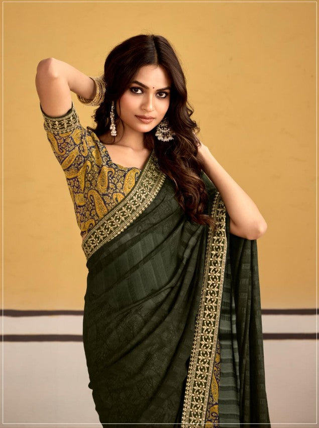 Georgette Embroidery Border Work Printed Saree
