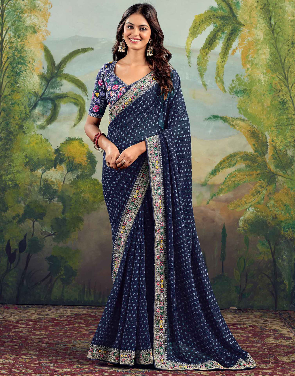 Bandhani Printed Georgette Saree With Embroidered Lace Border