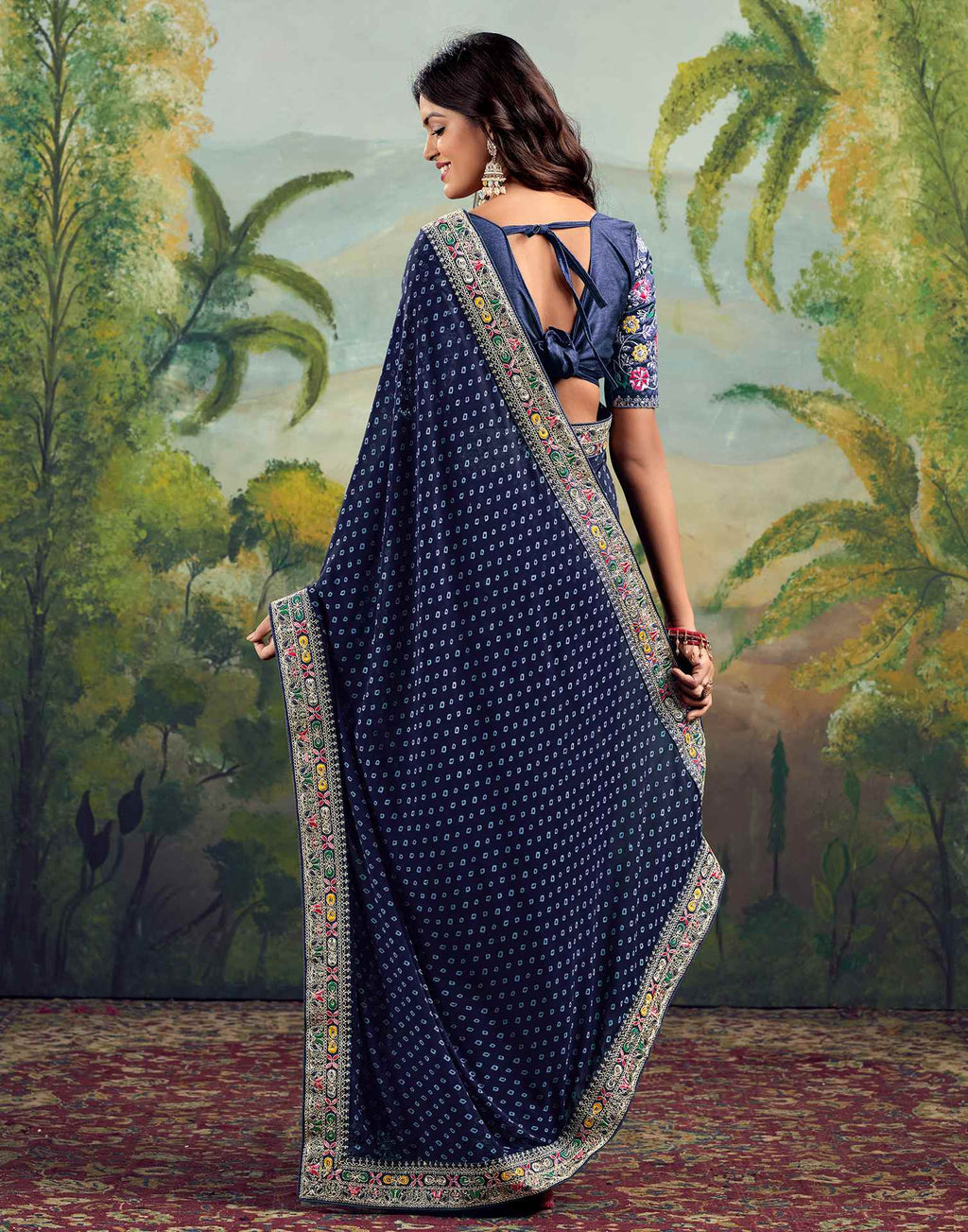 Bandhani Printed Georgette Saree With Embroidered Lace Border
