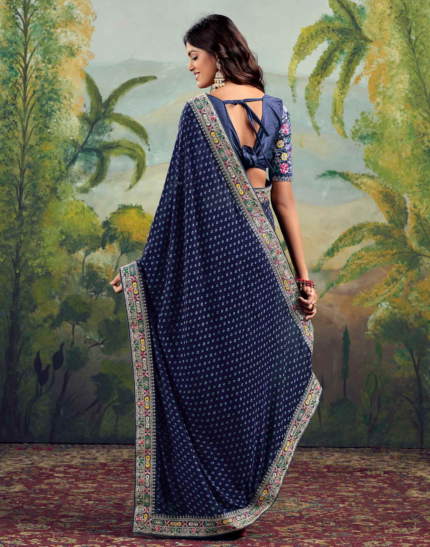 Bandhani Printed Georgette Saree With Embroidered Lace Border