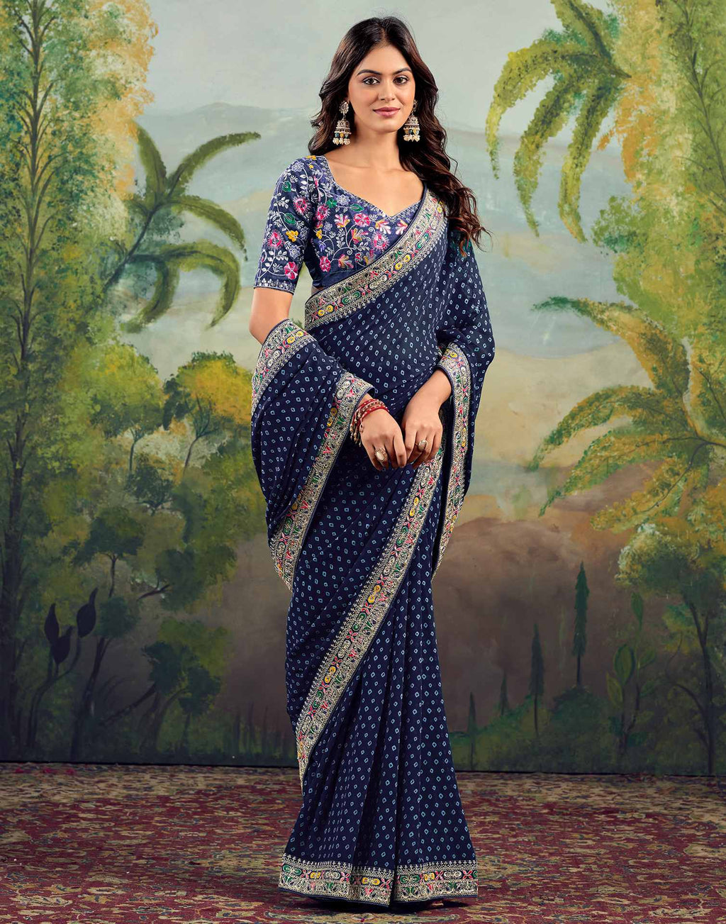 Bandhani Printed Georgette Saree With Embroidered Lace Border