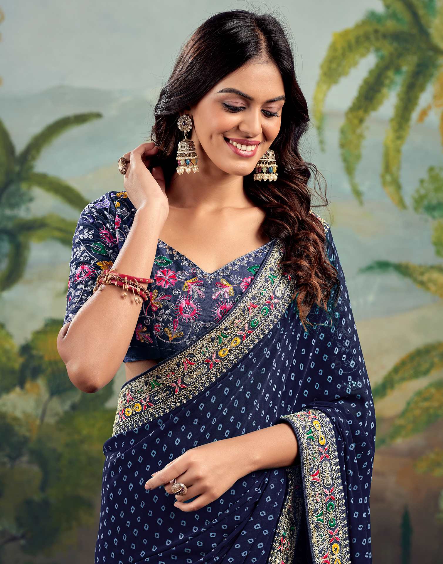 Bandhani Printed Georgette Saree With Embroidered Lace Border