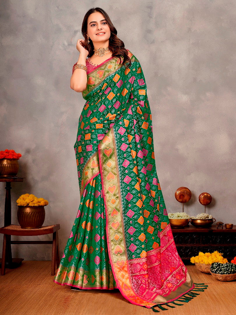 Patola Silk Saree with Zari Weaving Border & Ikat Design