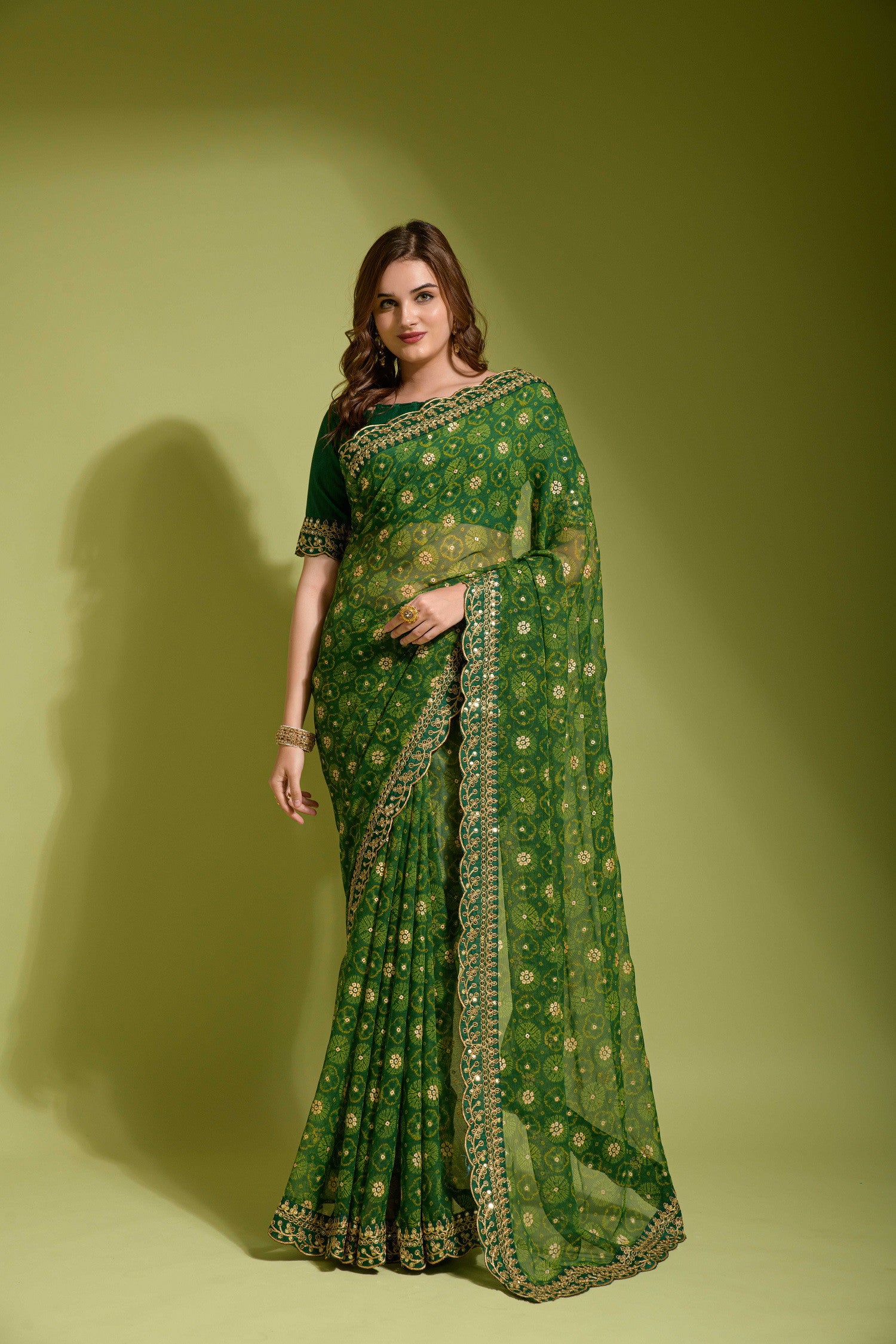 Bandhani Foil Printed Georgette Saree With Embroidered Border