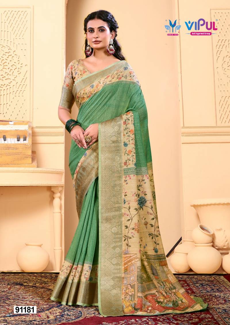Vipul Soft Silk Digital Print Saree With Gold Zari Border
