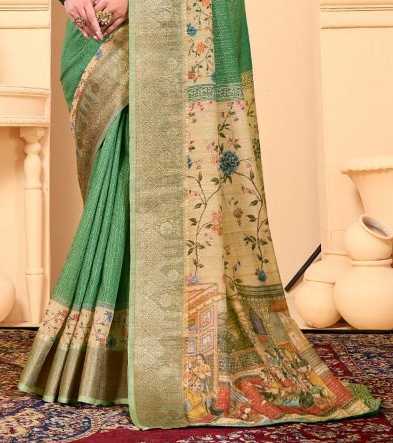 Vipul Soft Silk Digital Print Saree With Gold Zari Border