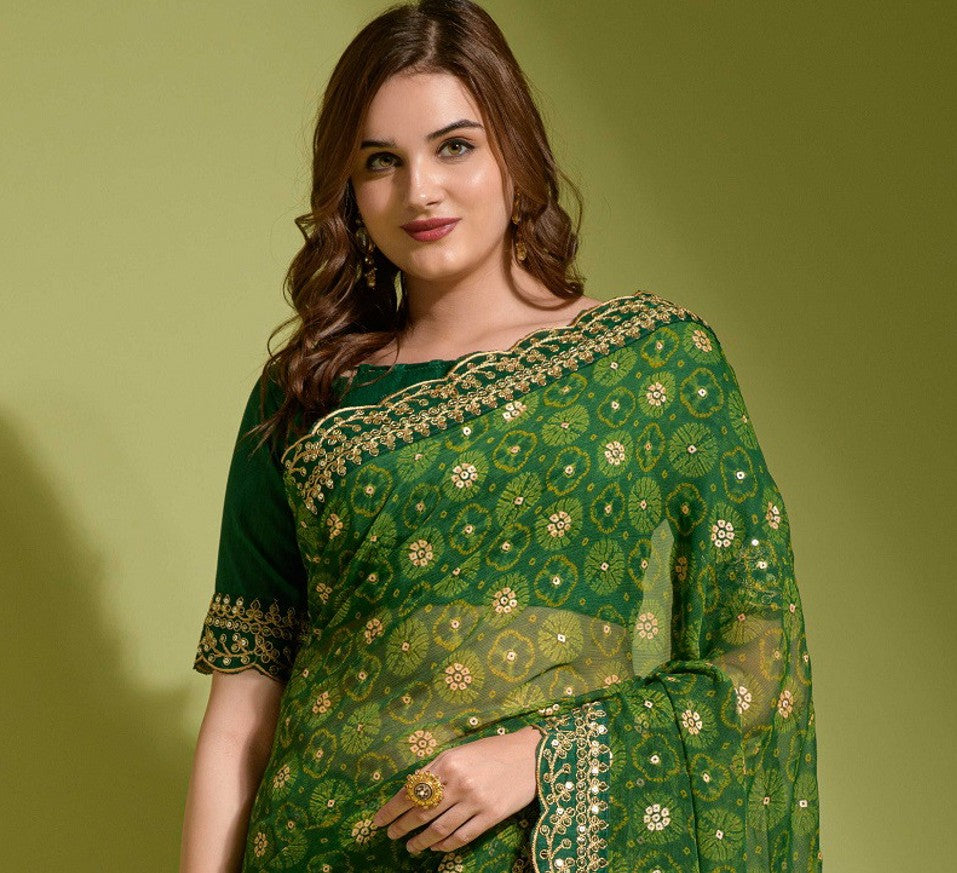 Bandhani Foil Printed Georgette Saree With Embroidered Border