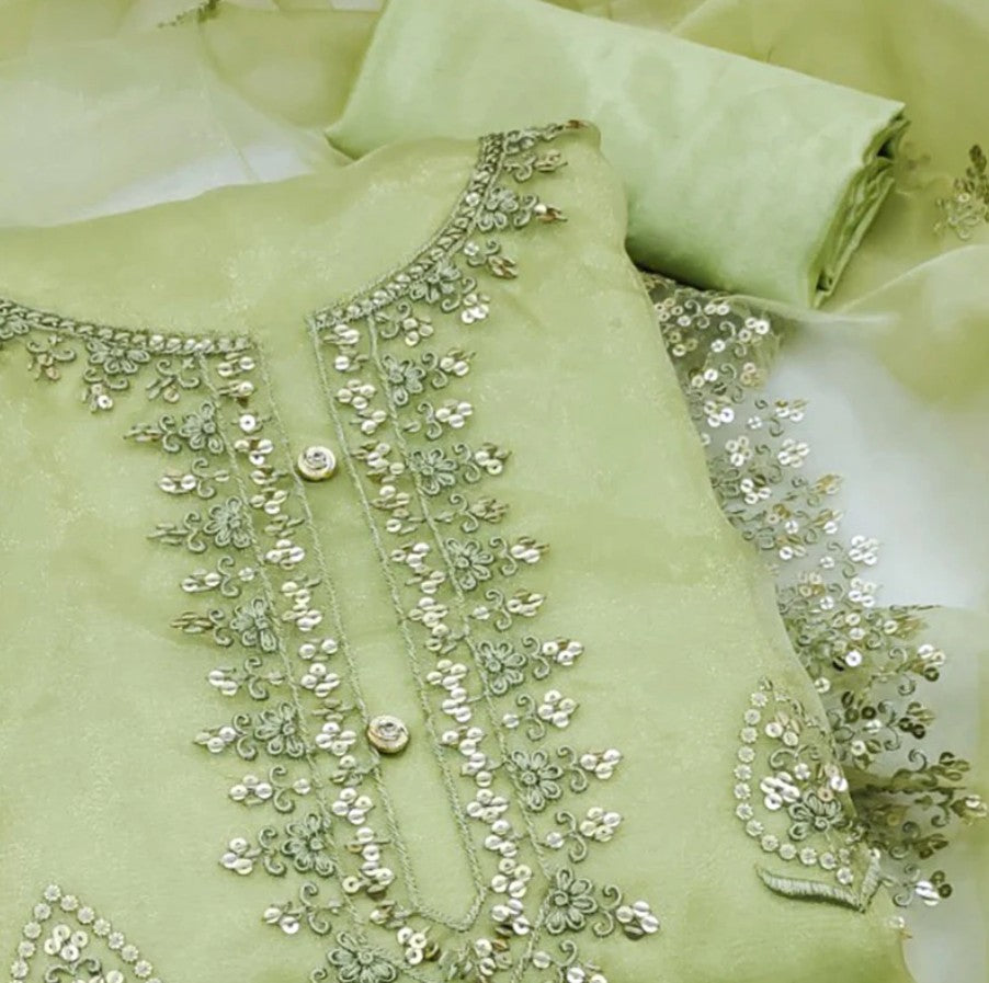 Organza Silk Dress Material With Exquisite Floral Embroidery & Sequin Work