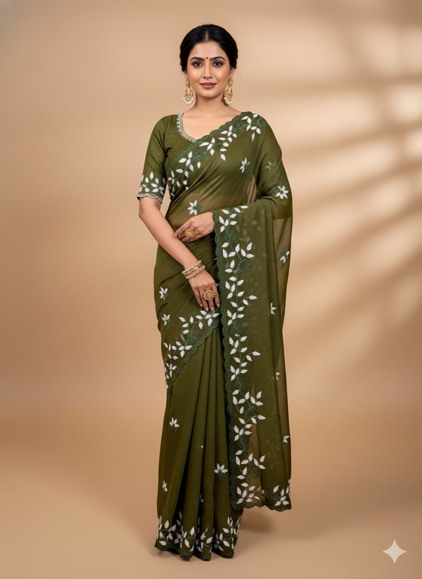Fancy Georgette Saree With Embroidery Work