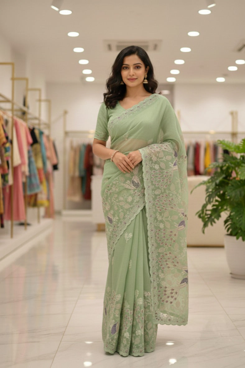 Floral Sequins Embroidered Soft Crunchy Silk Saree