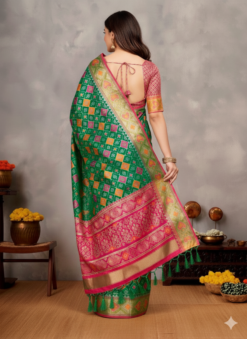 Patola Silk Saree with Zari Weaving Border & Ikat Design