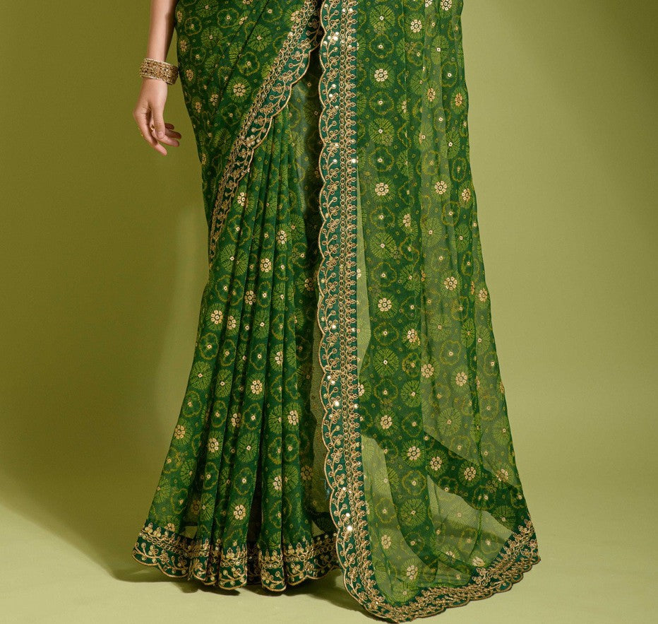 Bandhani Foil Printed Georgette Saree With Embroidered Border