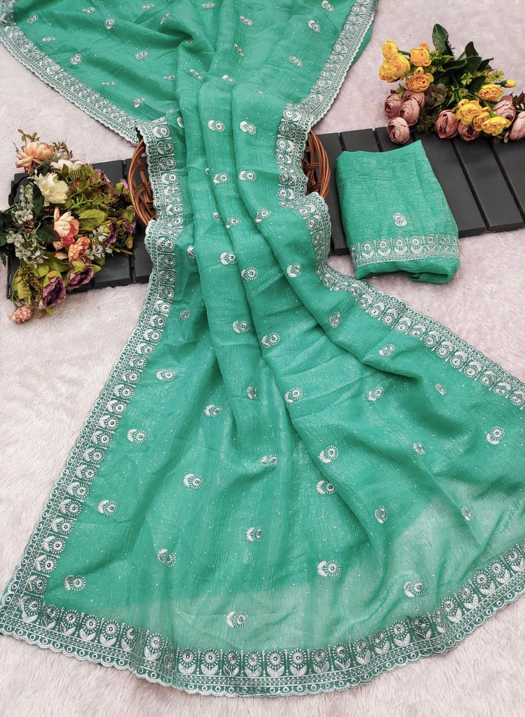 Crunchy Chiffon Diamond Worked Premium Saree