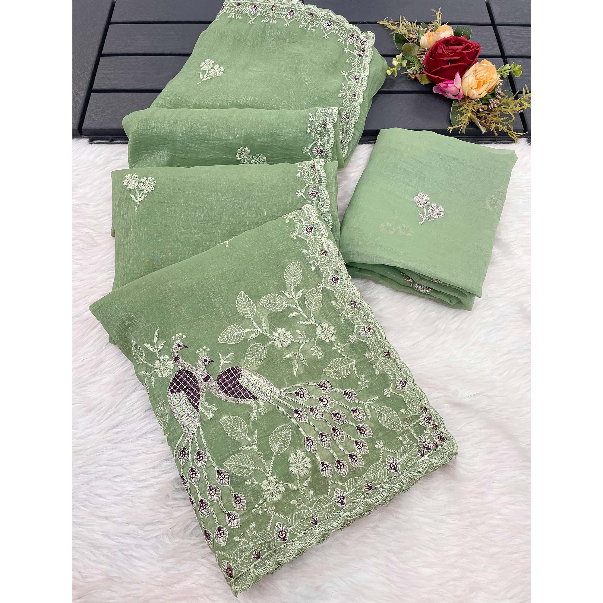 Floral Sequins Embroidered Soft Crunchy Silk Saree