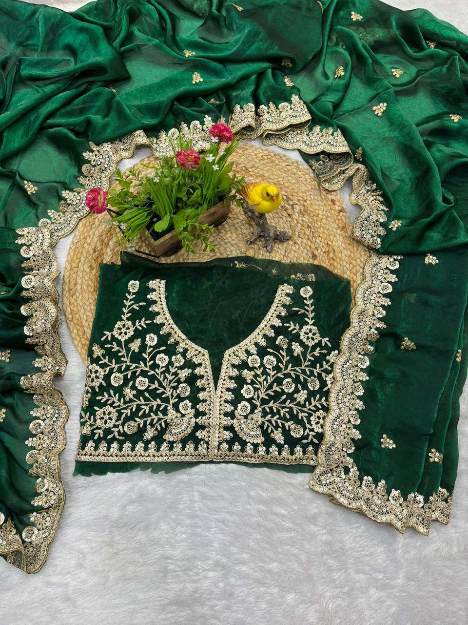 Satin Silk Zari Sequance Worked Saree