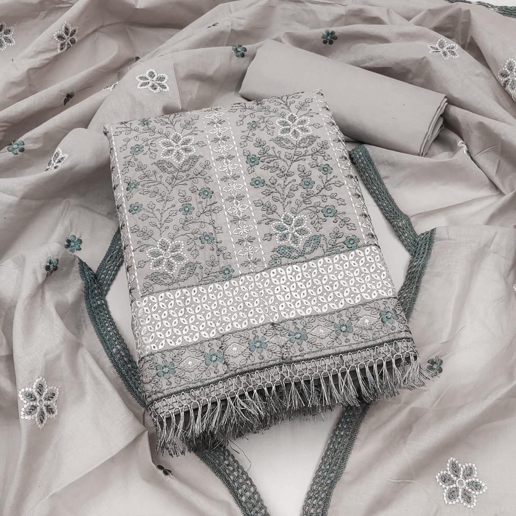 Cotton Dress Material with Embroidered Floral Patterns