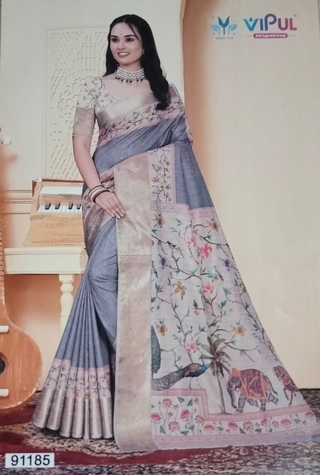 Vipul Soft Silk Digital Print Saree With Gold Zari Border