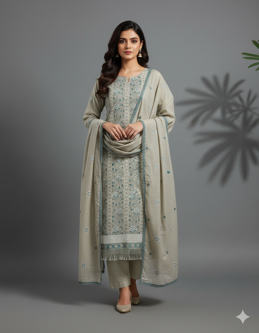 Cotton Dress Material with Embroidered Floral Patterns