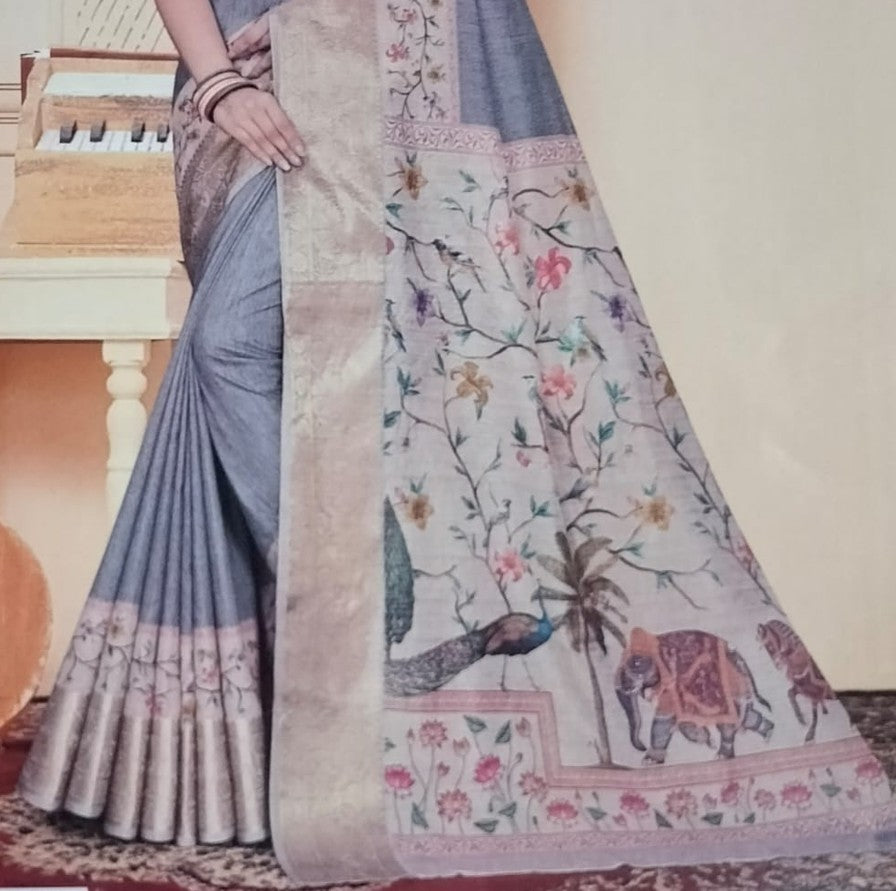 Vipul Soft Silk Digital Print Saree With Gold Zari Border