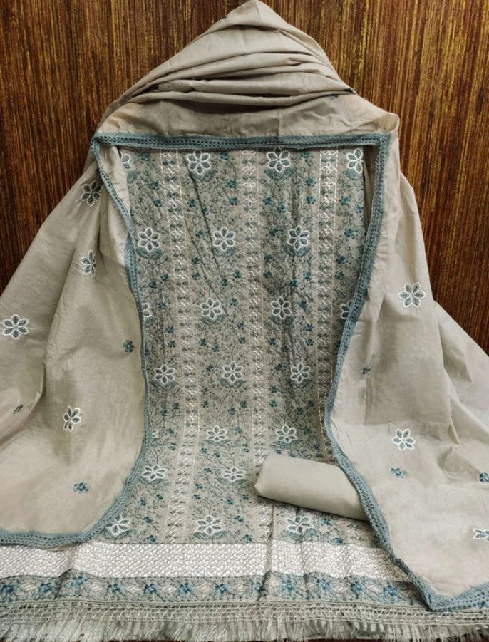 Cotton Dress Material with Embroidered Floral Patterns