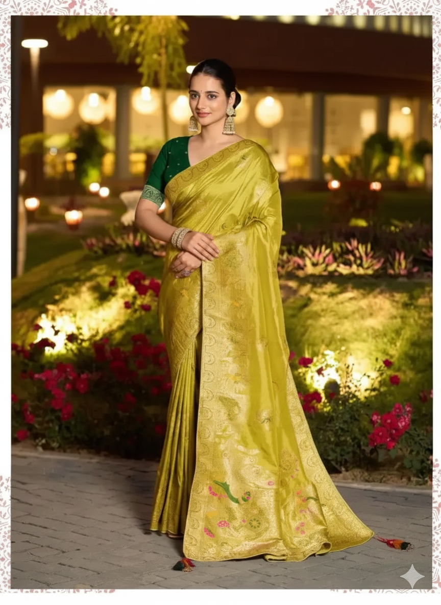 Dola Silk Saree With Intricate Zari Weaving & Swarovski Embellishments