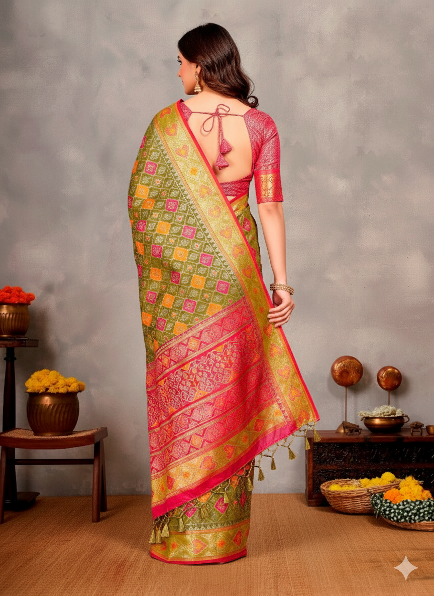 Patola Silk Saree with Zari Weaving Border & Ikat Design