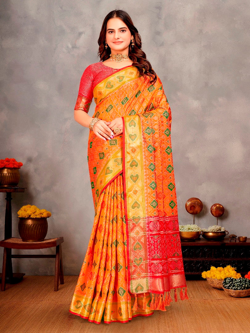 Patola Silk Saree with Zari Weaving Border & Ikat Design