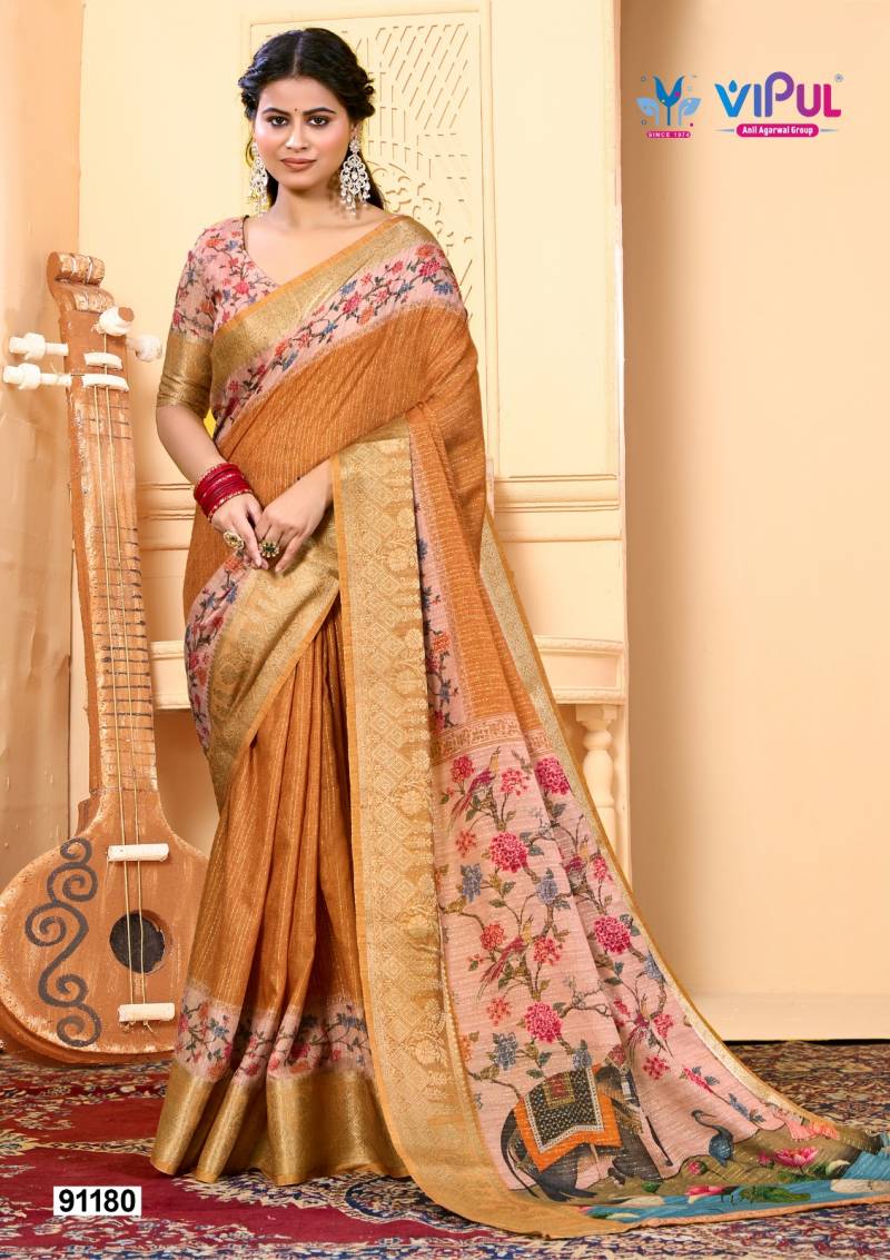Vipul Soft Silk Digital Print Saree With Gold Zari Border