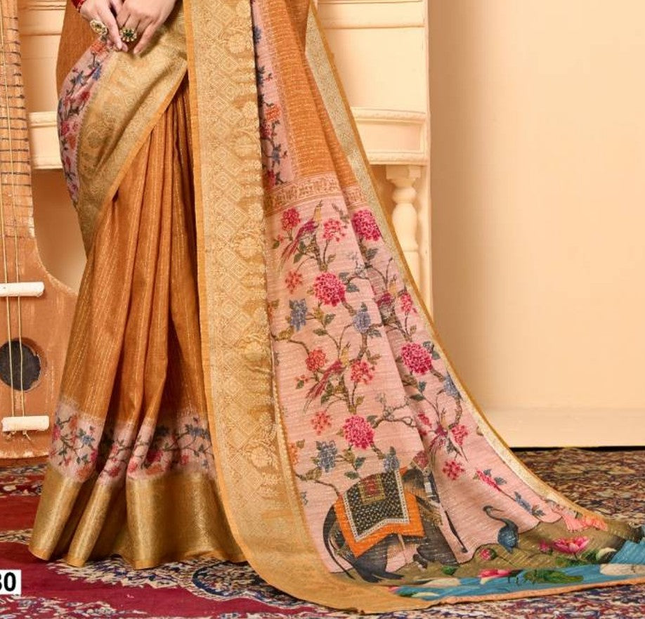 Vipul Soft Silk Digital Print Saree With Gold Zari Border
