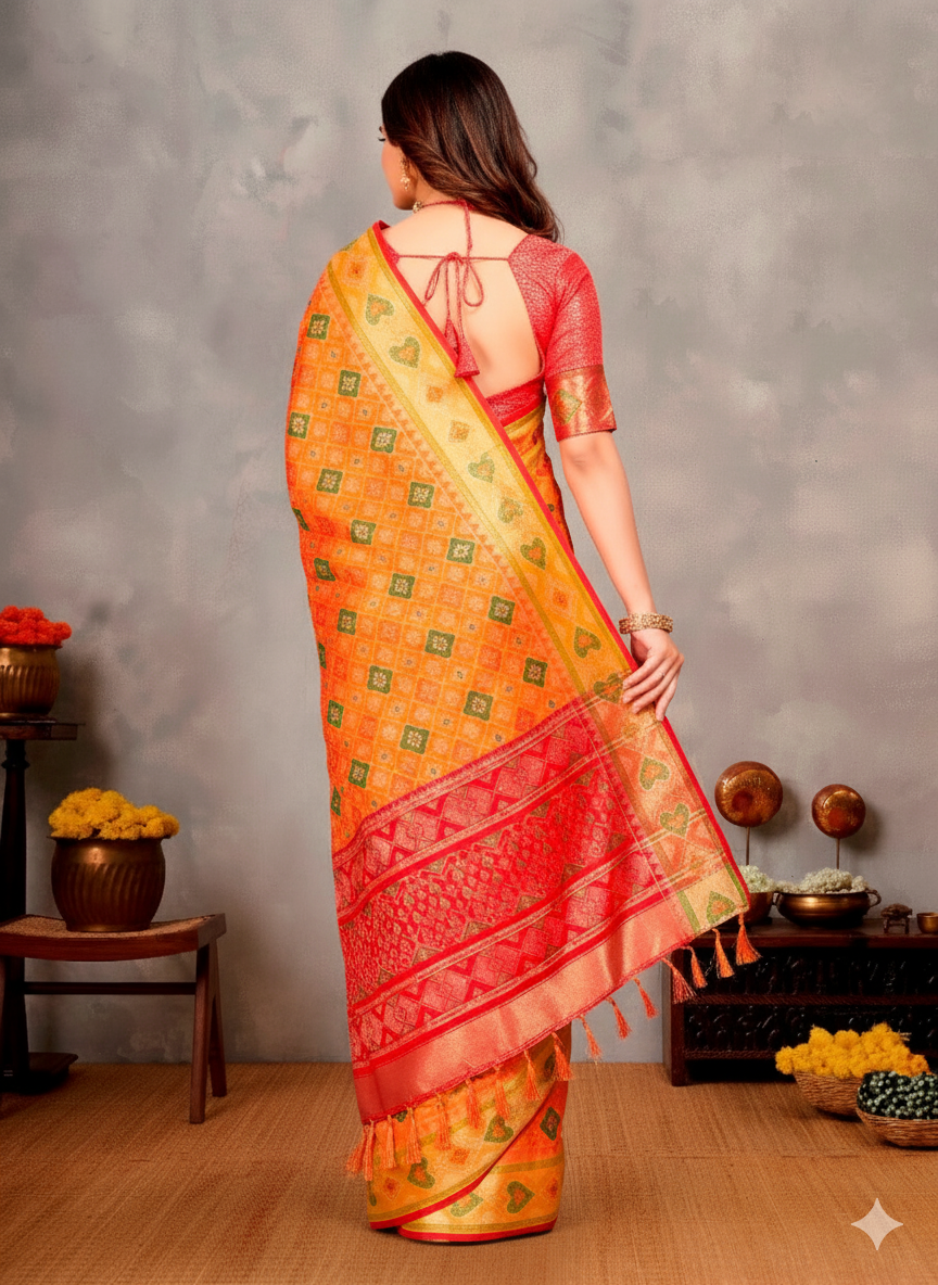 Patola Silk Saree with Zari Weaving Border & Ikat Design