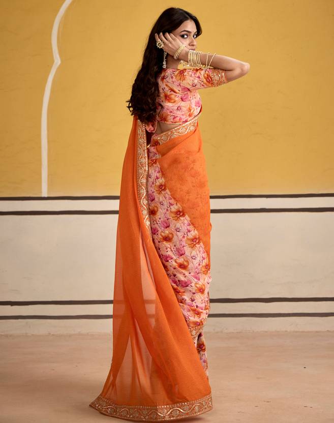 Georgette Embroidery Border Work Printed Saree