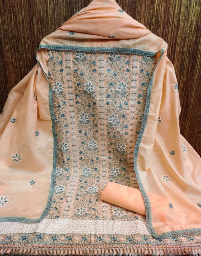 Cotton Dress Material with Embroidered Floral Patterns