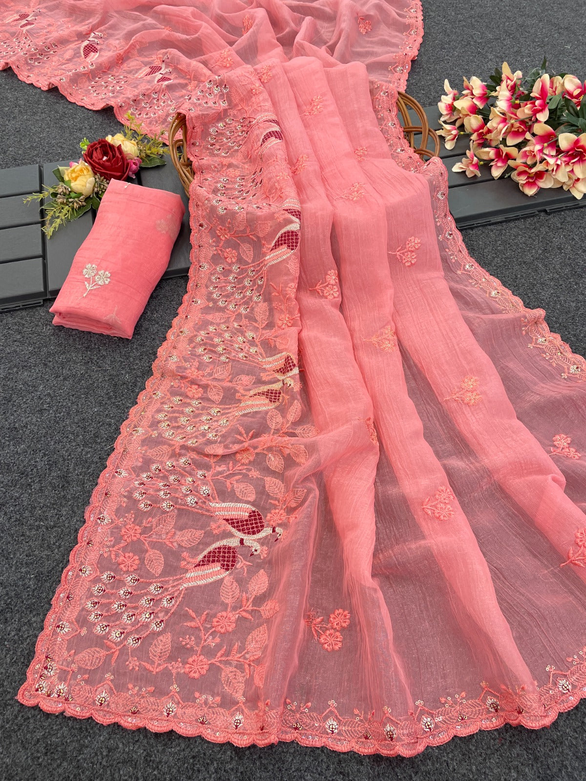 Floral Sequins Embroidered Soft Crunchy Silk Saree