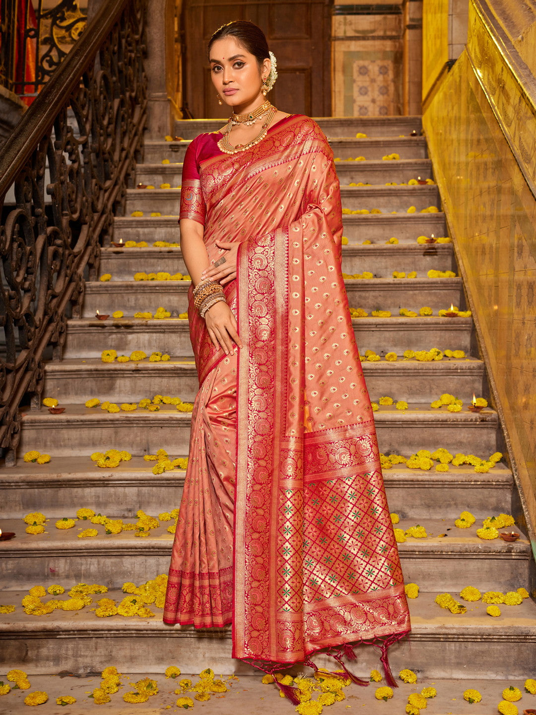 Woven Banarasi Silk Saree With Tassels