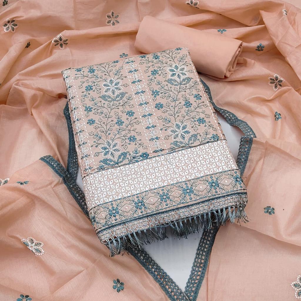 Cotton Dress Material with Embroidered Floral Patterns