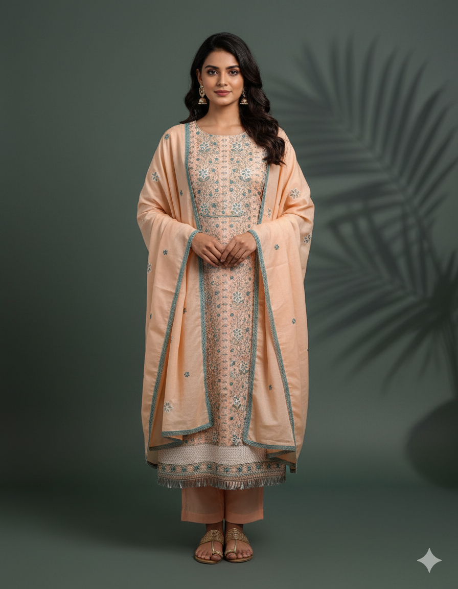 Cotton Dress Material with Embroidered Floral Patterns