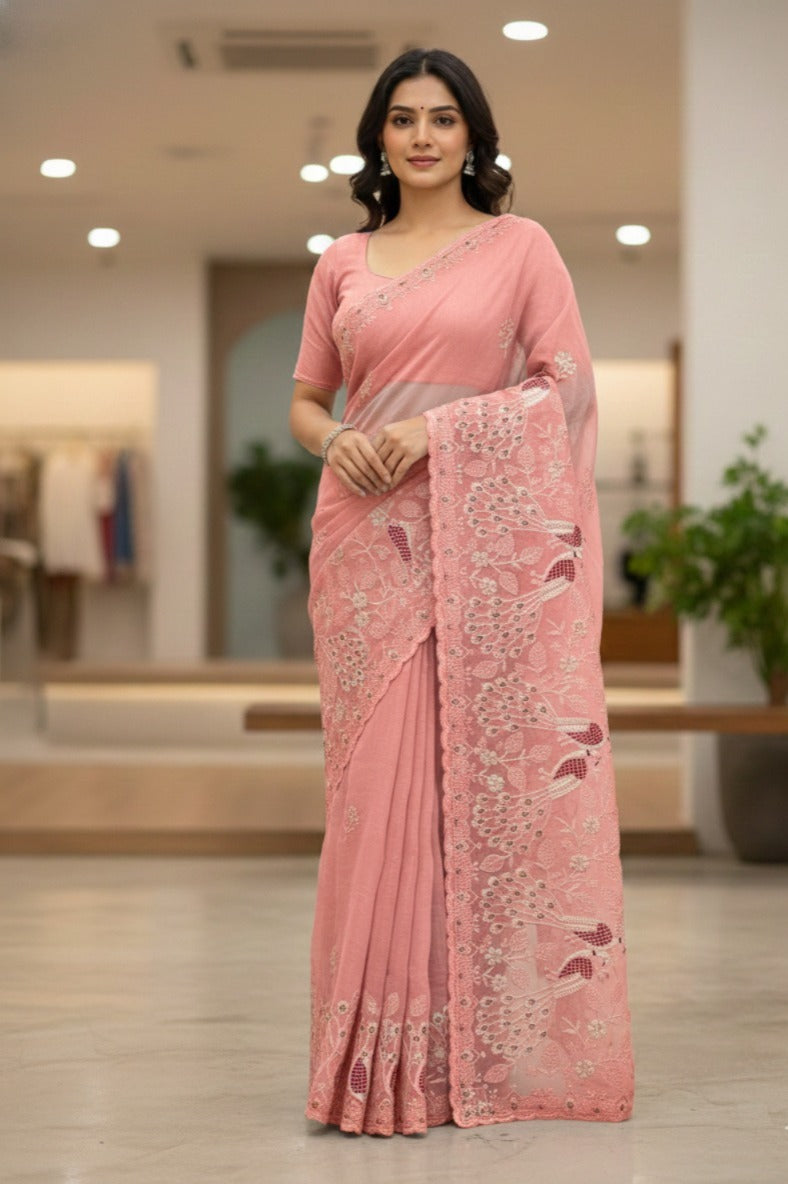 Floral Sequins Embroidered Soft Crunchy Silk Saree