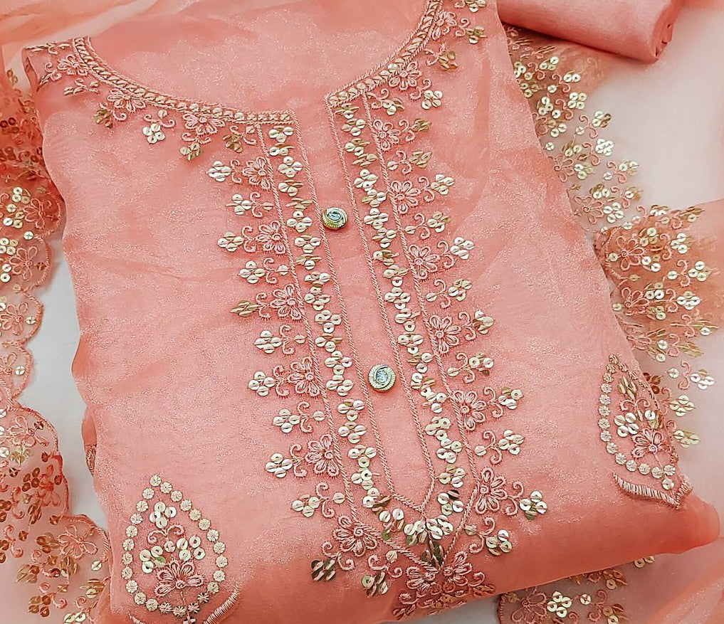 Organza Silk Dress Material With Exquisite Floral Embroidery & Sequin Work