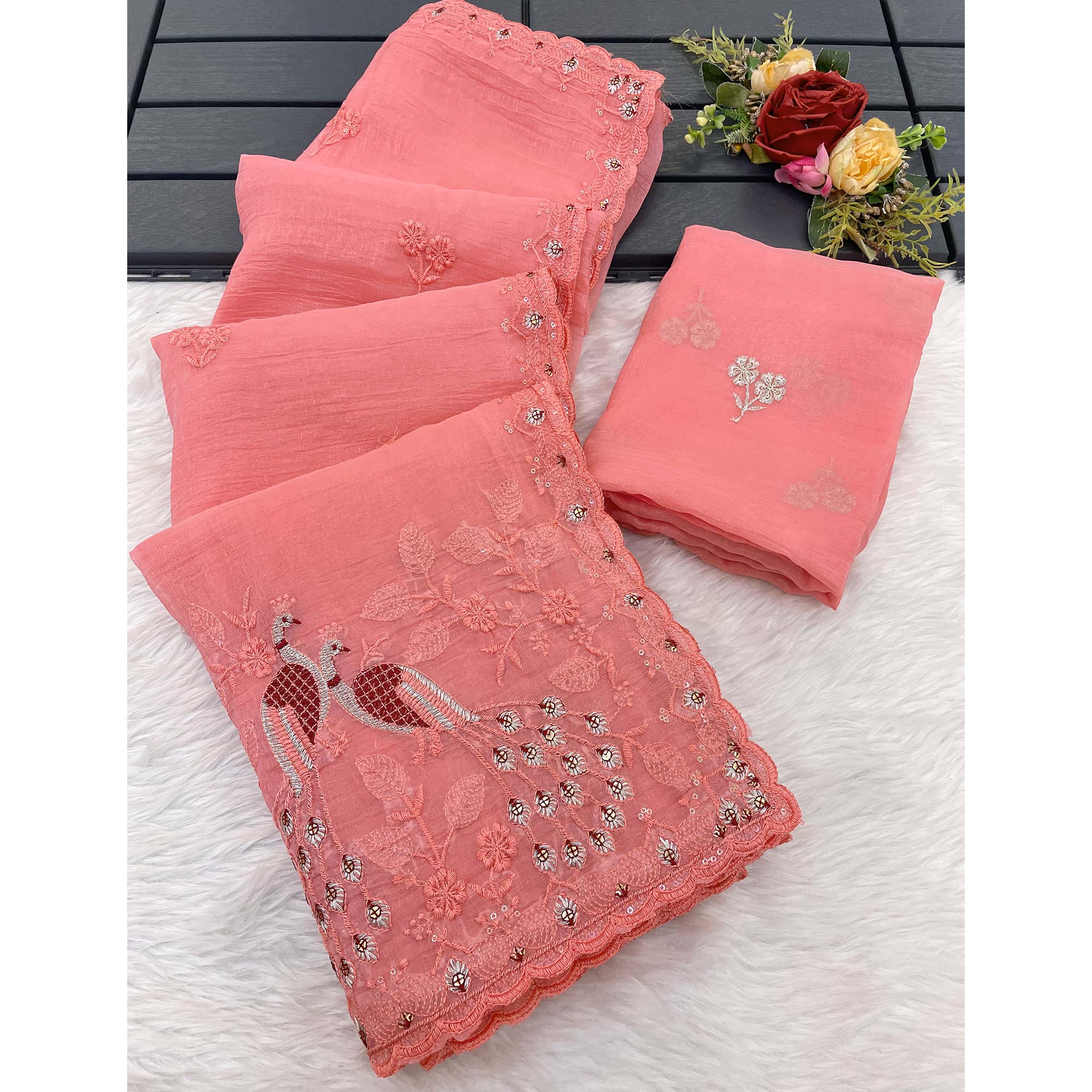 Floral Sequins Embroidered Soft Crunchy Silk Saree