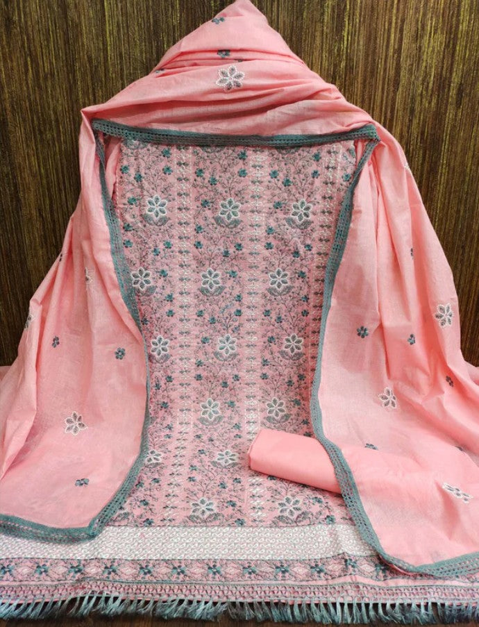 Cotton Dress Material with Embroidered Floral Patterns