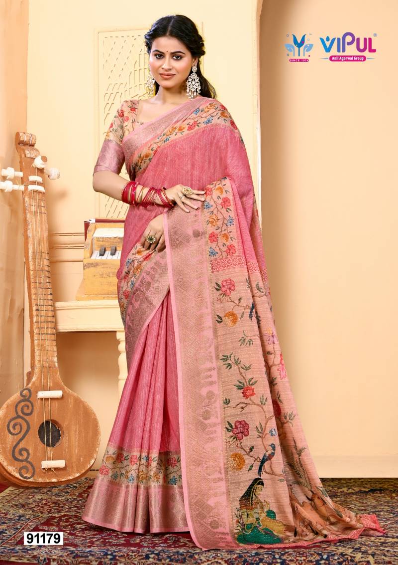 Vipul Soft Silk Digital Print Saree With Gold Zari Border