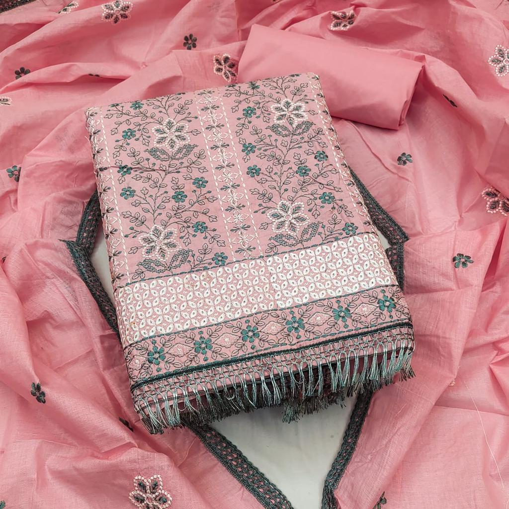 Cotton Dress Material with Embroidered Floral Patterns