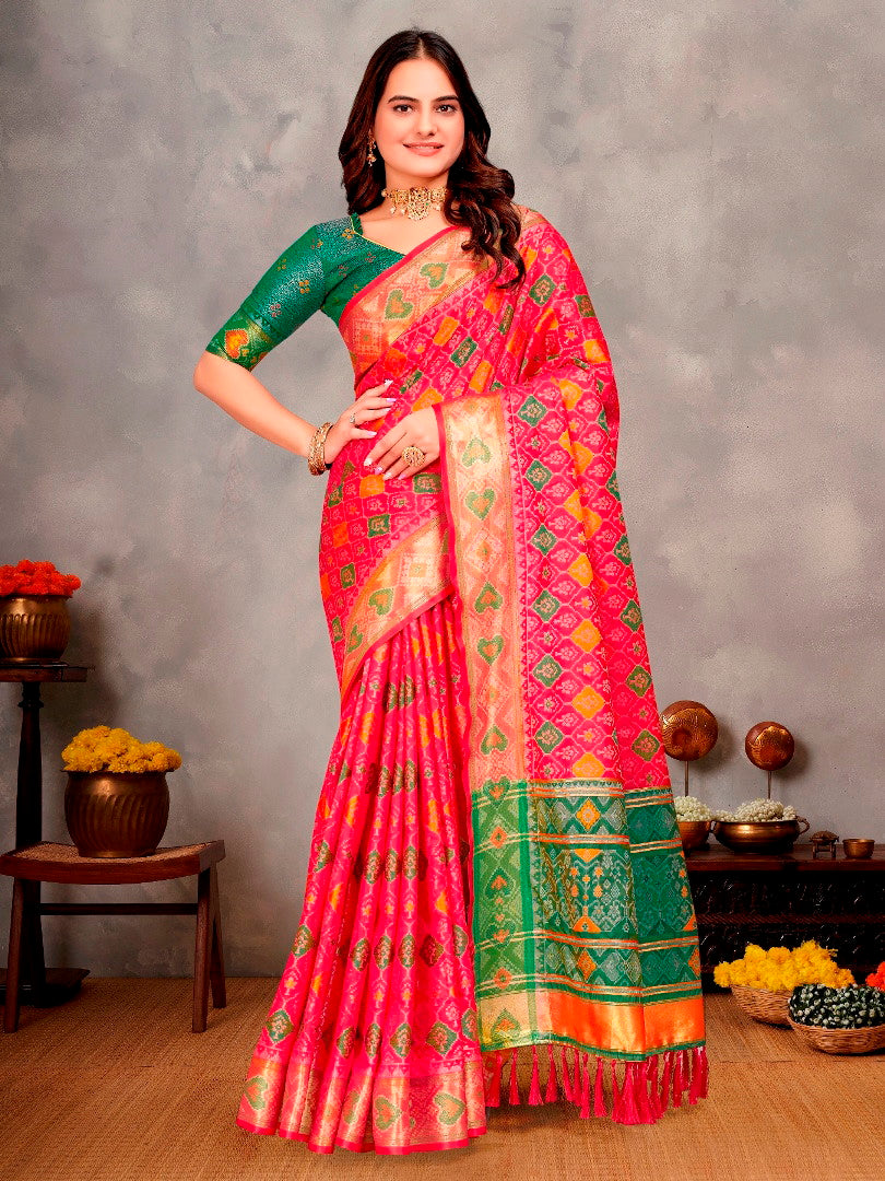 Patola Silk Saree with Zari Weaving Border & Ikat Design