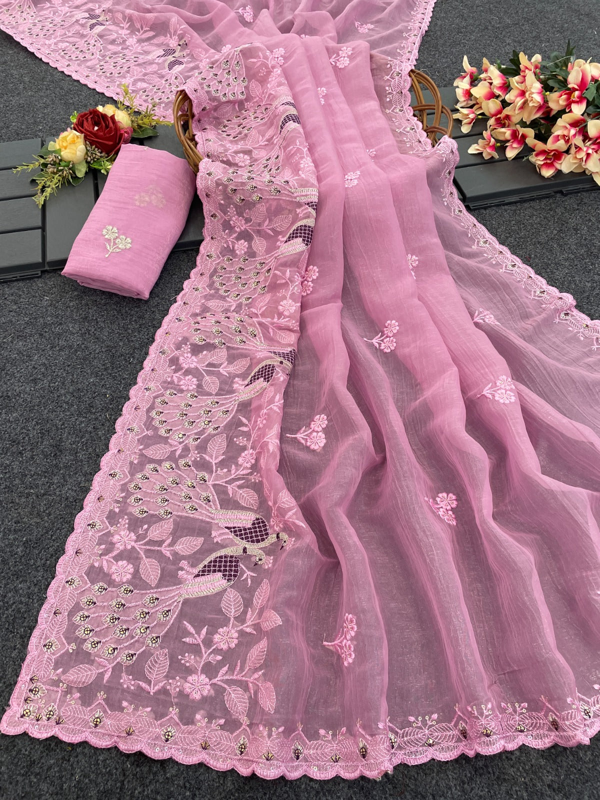 Floral Sequins Embroidered Soft Crunchy Silk Saree