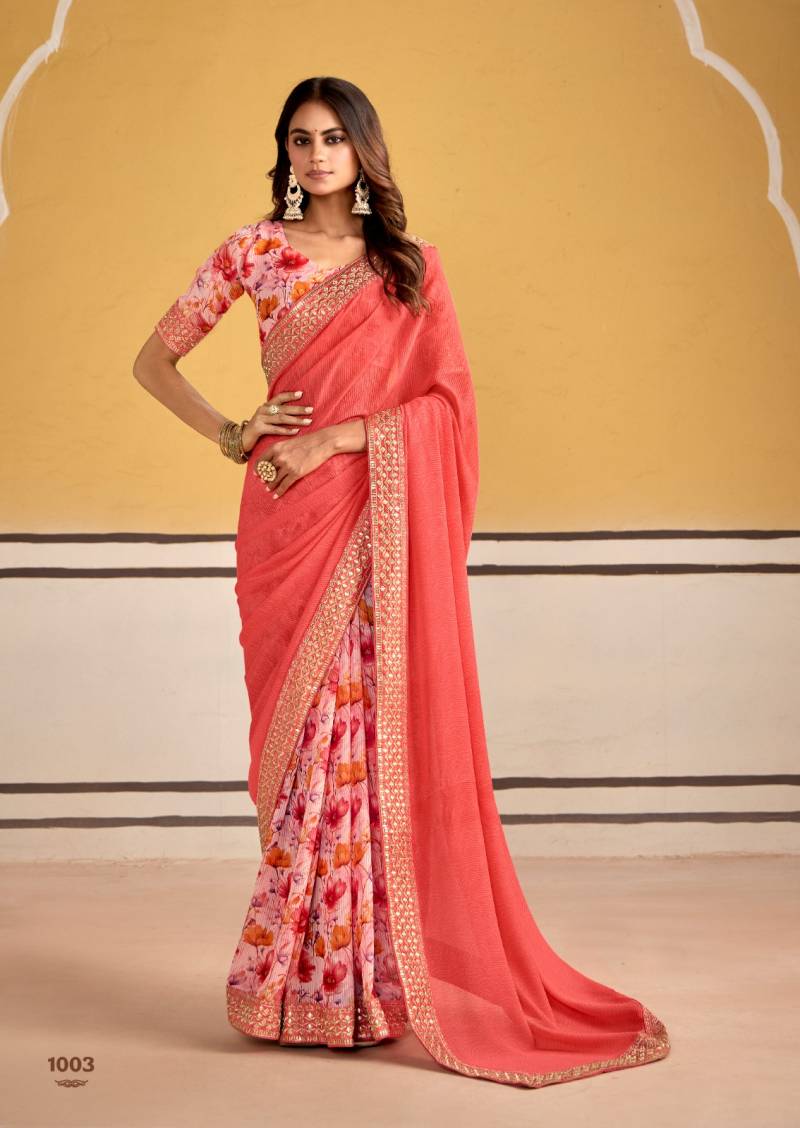 Georgette Embroidery Border Work Printed Saree