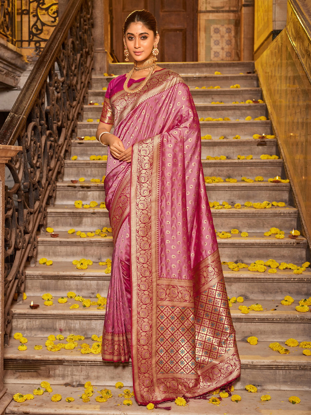 Woven Banarasi Silk Saree With Tassels