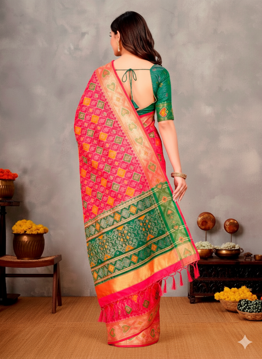 Patola Silk Saree with Zari Weaving Border & Ikat Design