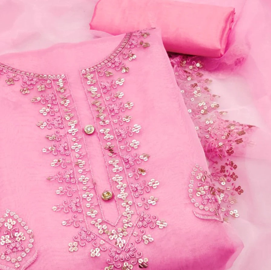 Organza Silk Dress Material With Exquisite Floral Embroidery & Sequin Work